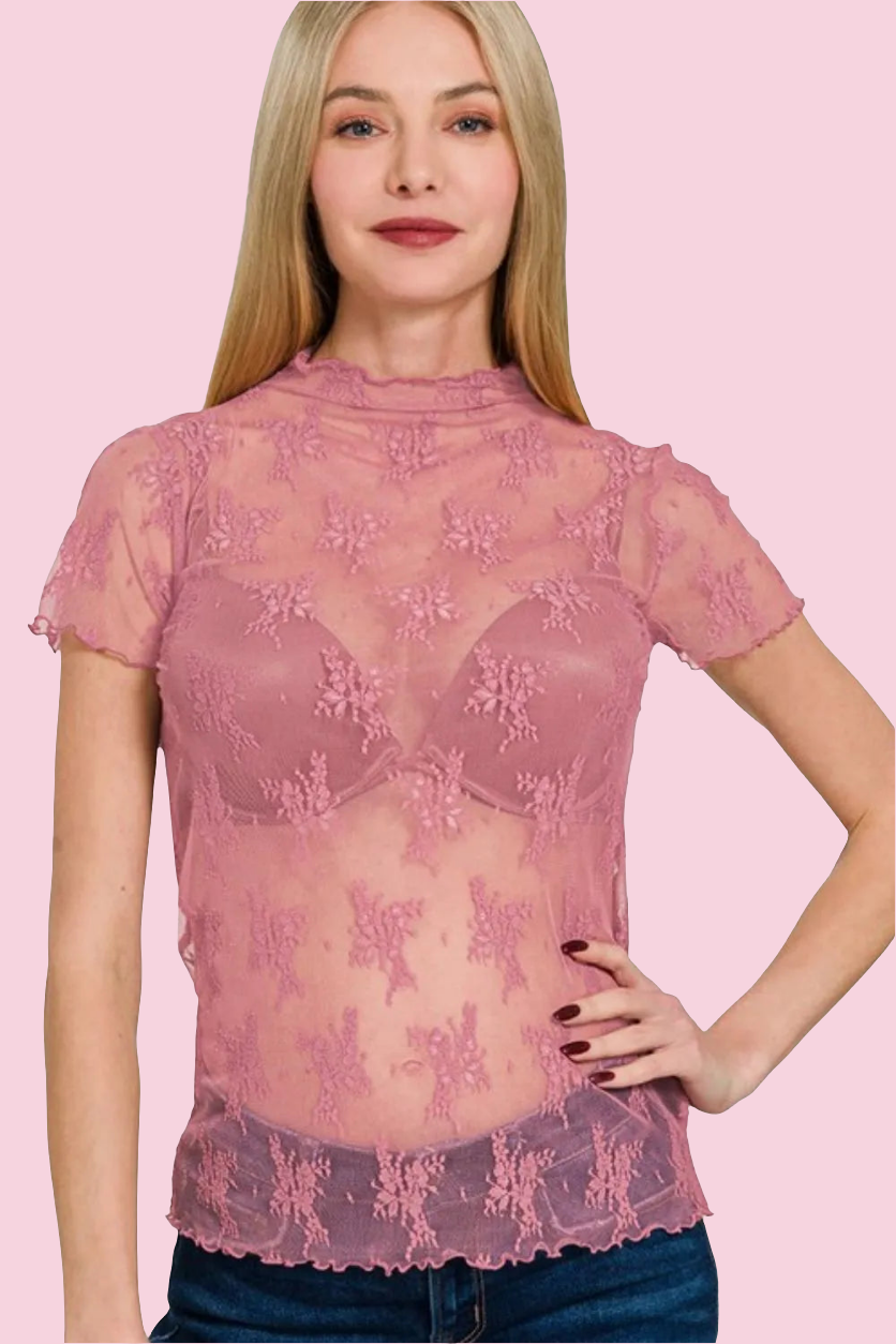 Zenana - Lace See-through Layering Short Sleeve Top - Size: S-L