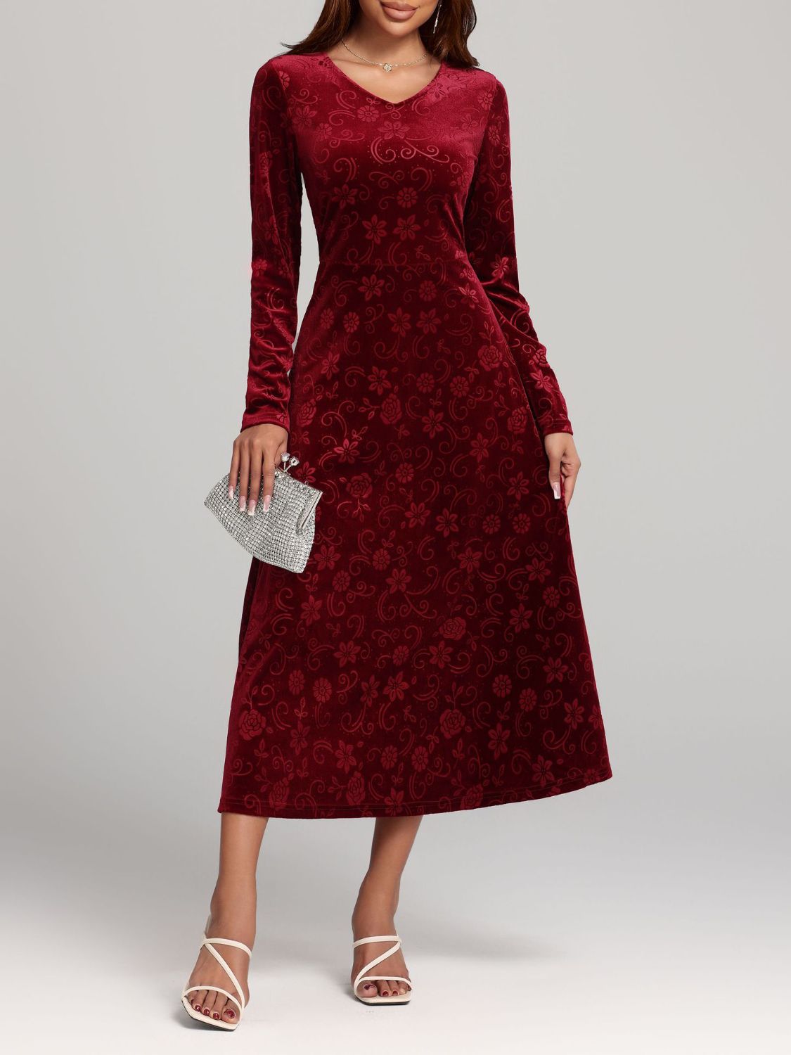 Flower Print V-Neck Long Sleeve Midi Dress - Size: S-XL