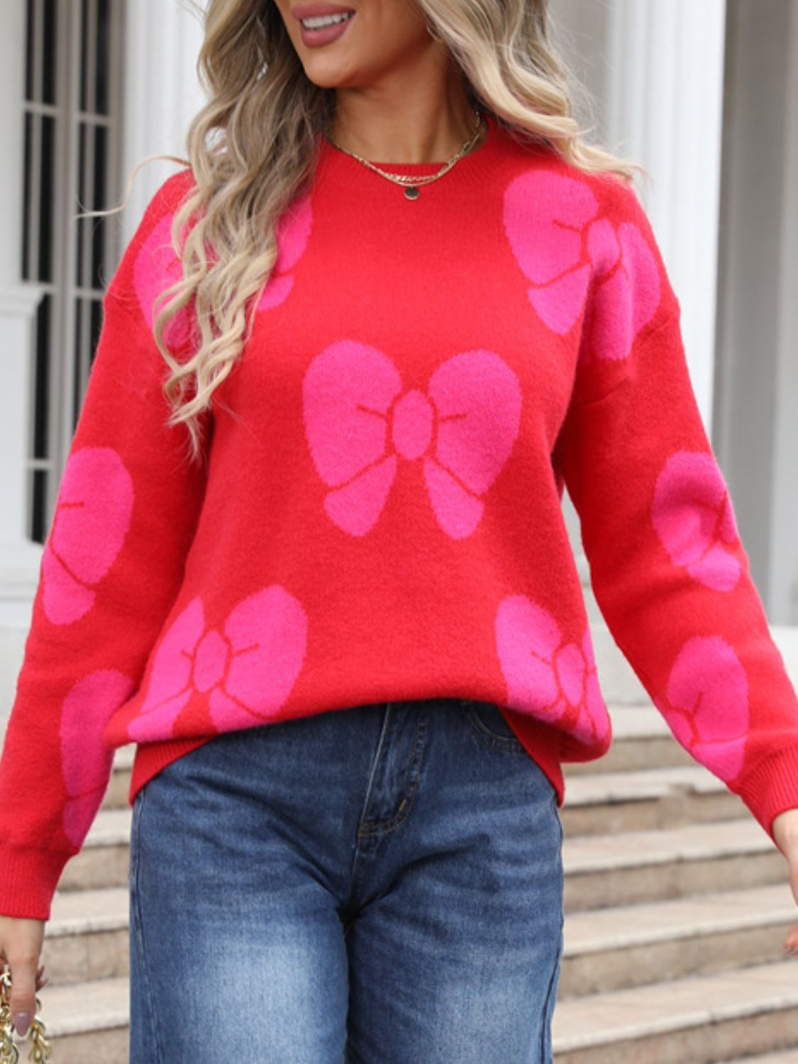 Angel Wings - Bow Round Neck Dropped Shoulder Sweater