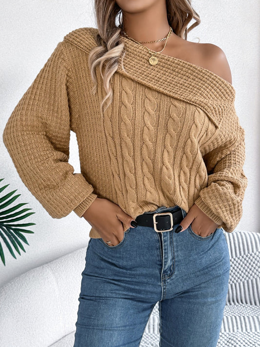 Cable-Knit One Shoulder Long Sleeve Sweater - Size: S-XL