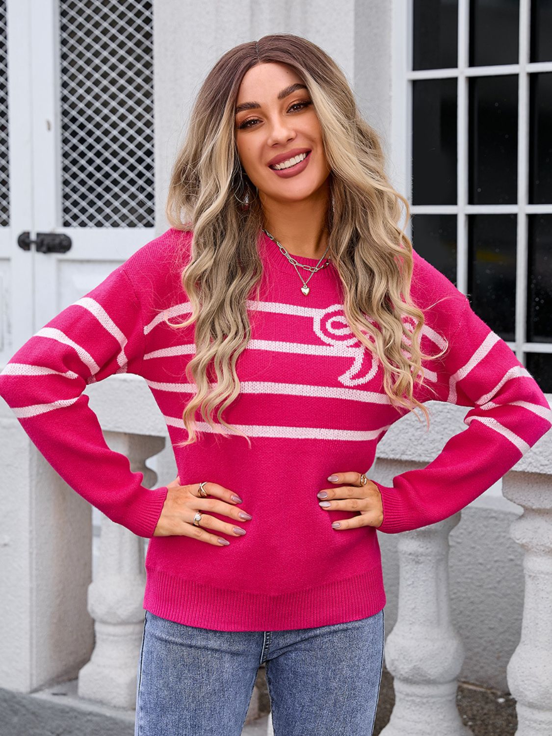 Angel Wings - Striped Round Neck Long Sleeve Sweater - Size: S-XL