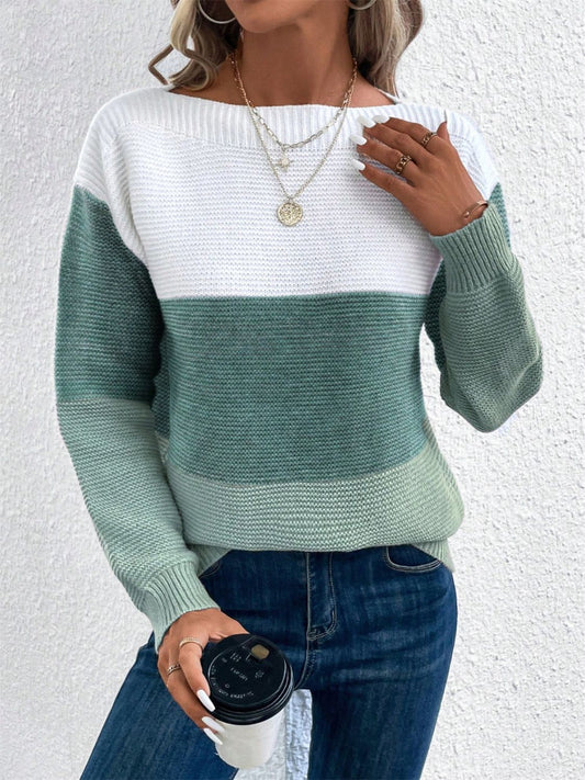 Color Block Drop Shoulder Long Sleeve Sweater - Size: S-XL