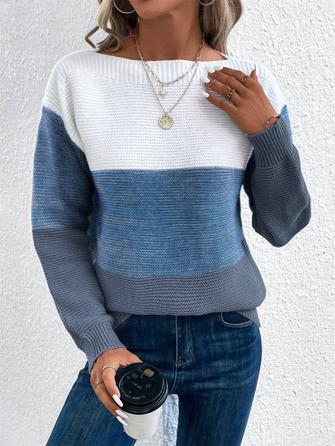 Color Block Drop Shoulder Long Sleeve Sweater - Size: S-XL