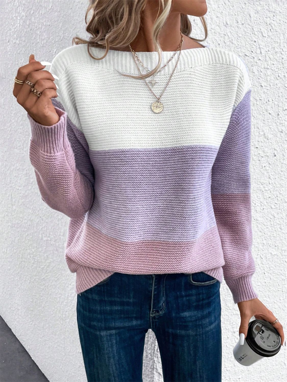 Color Block Drop Shoulder Long Sleeve Sweater - Size: S-XL