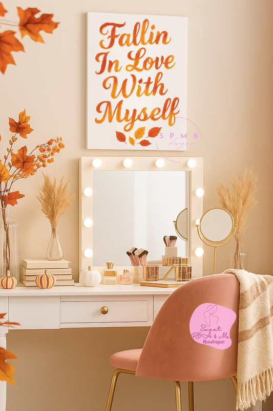 "Fallin In Love With Myself" Autumn Canvas Wall Art – Self-Love Quote with Fall Leaves - Vertical, 8×10" or 18×24"