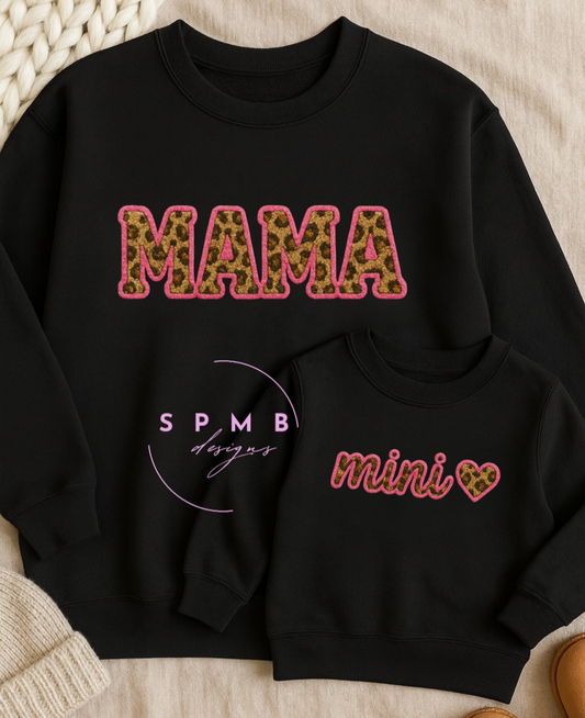 Mama & Mini "Mini" Faux Embroidery Pink Leopard Heart DTG Toddler Sweatshirt - Size: 2T-7T