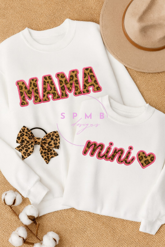 Mama & Mini "Mini" Faux Embroidery Pink Leopard Print Heart DTG Toddler Long Sleeve Tee - Size: 2T-6T