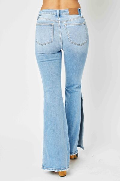 Judy Blue - Mid Rise Raw Hem Slit Flare Jeans - Size: 1 -24W