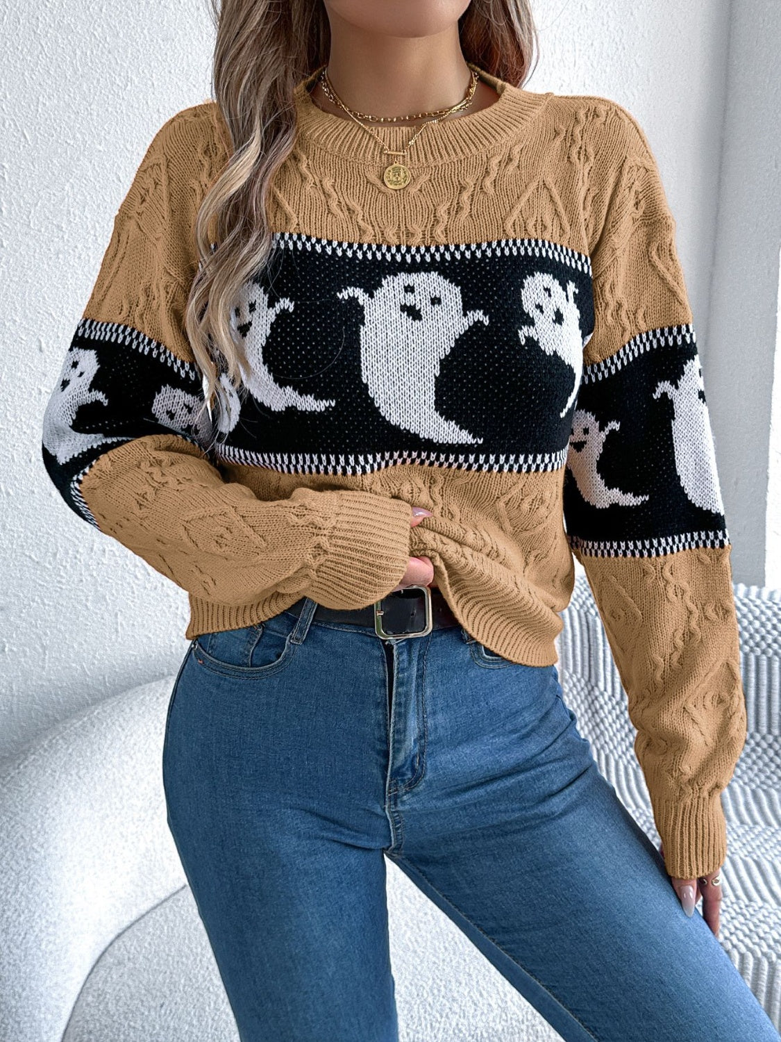 Ghost - Round Neck Long Sleeve Sweater - Halloween Collection