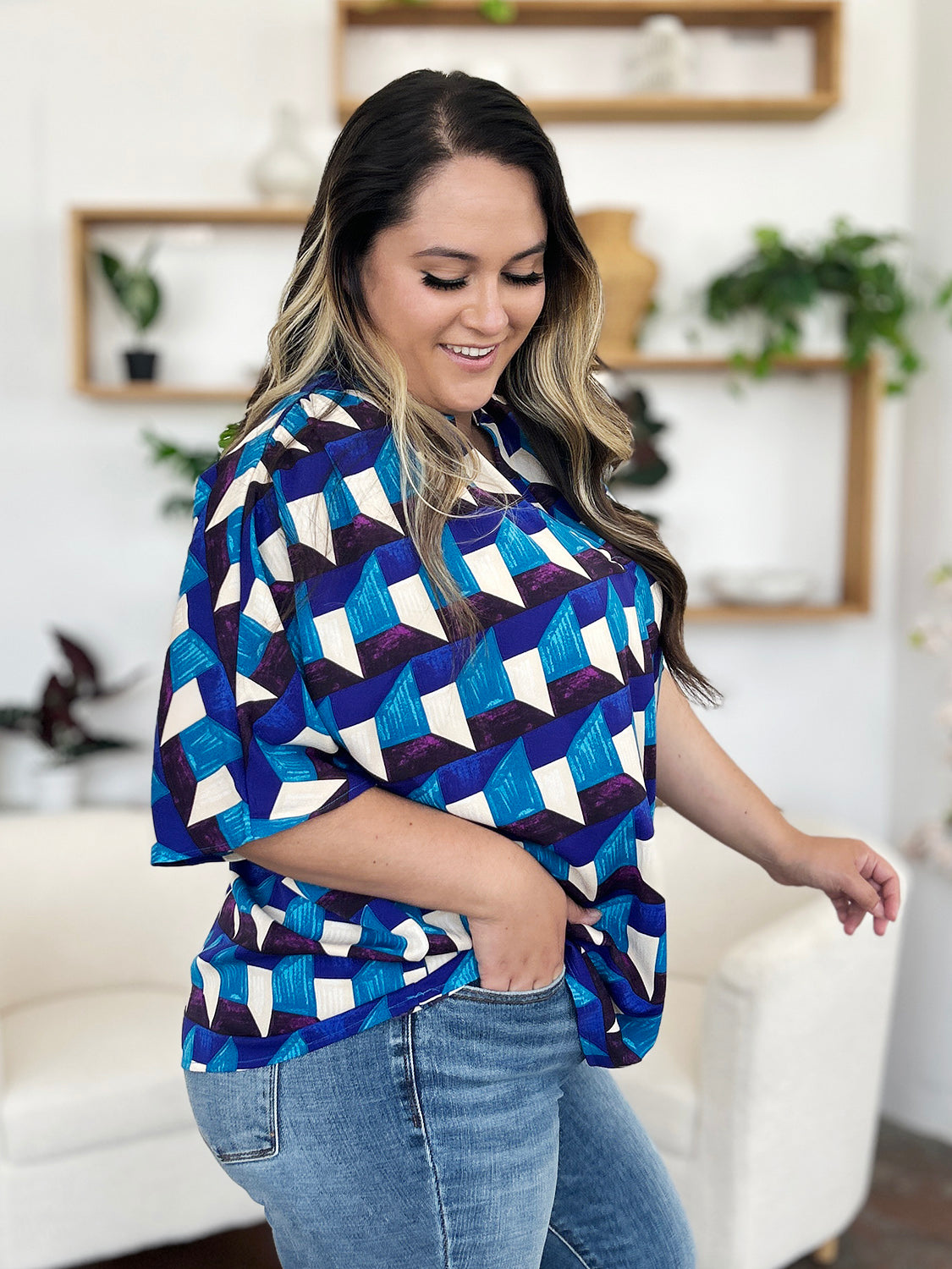 Double Take - Geometric Notched Half Sleeve Blouse - S-3XL