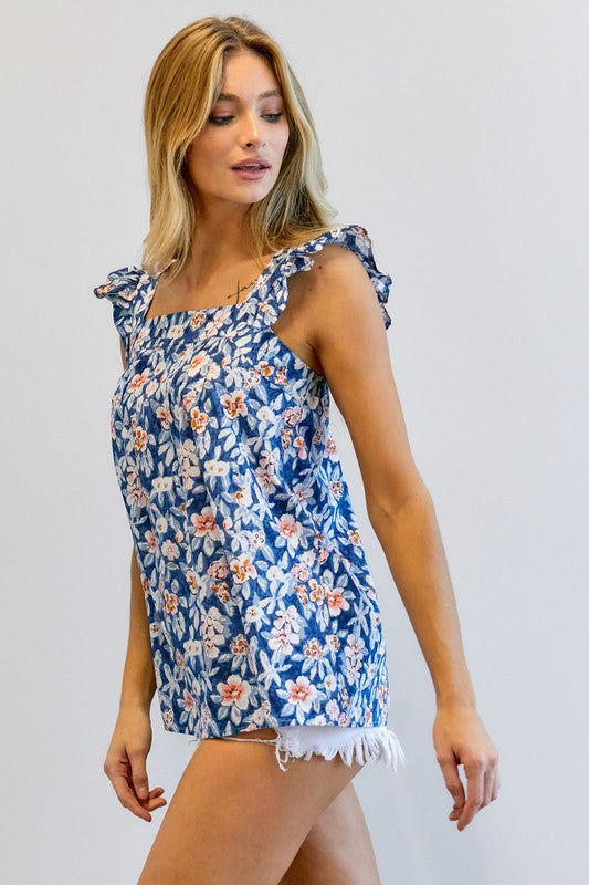 Davi & Dani - Floral Printed Ruffle Sleeveless Top