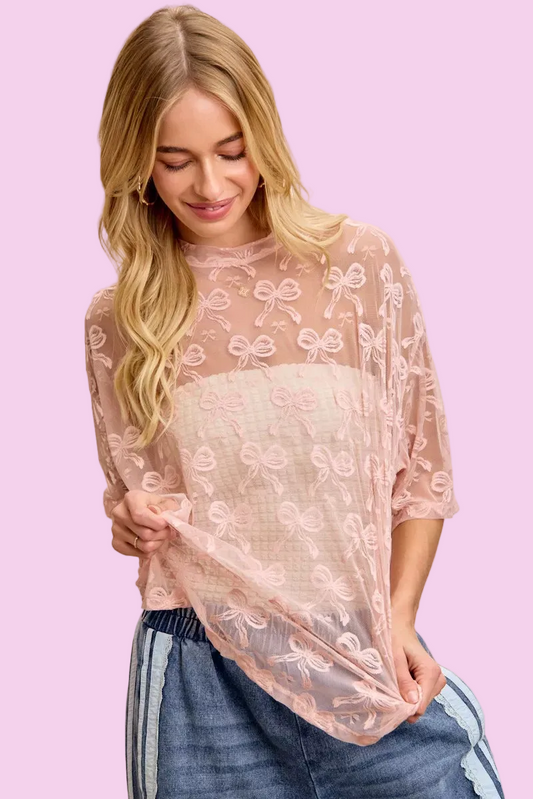 BiBi - Bow Pattern Short Sleeves Boxy Mesh Top - Size: S-XL