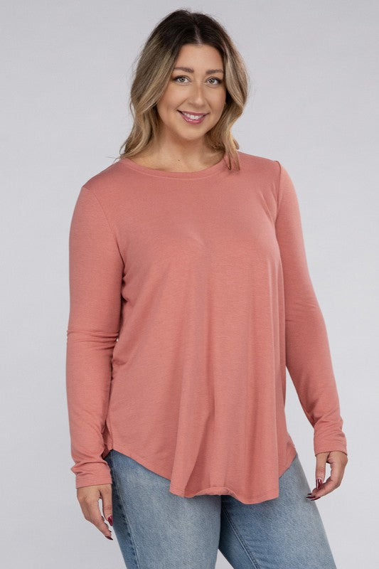 Plus Long Sleeve Round Neck Round Hem Top