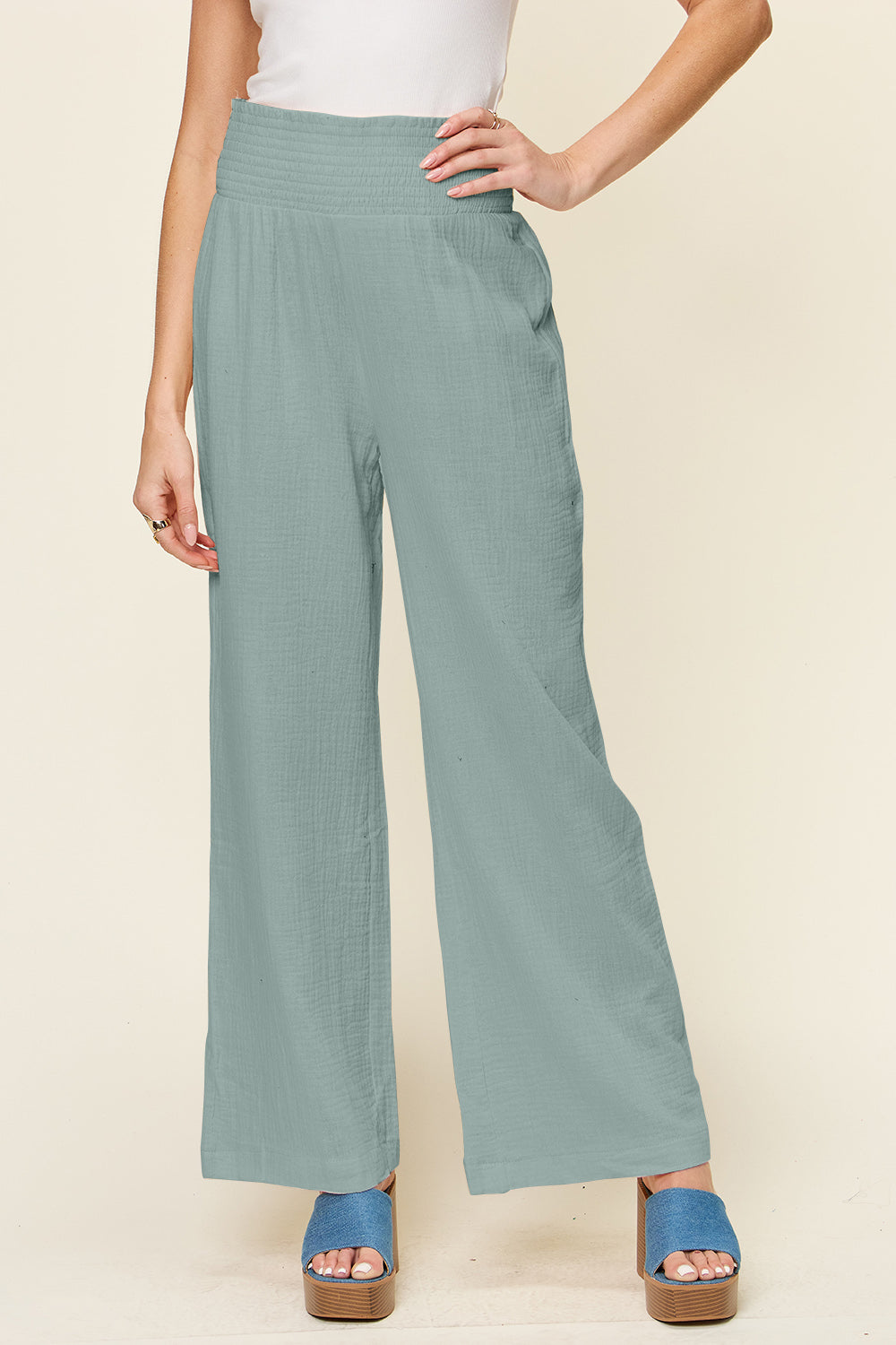 Double Take - Texture Smocked Waist Wide Leg Pants - Size: S-3XL