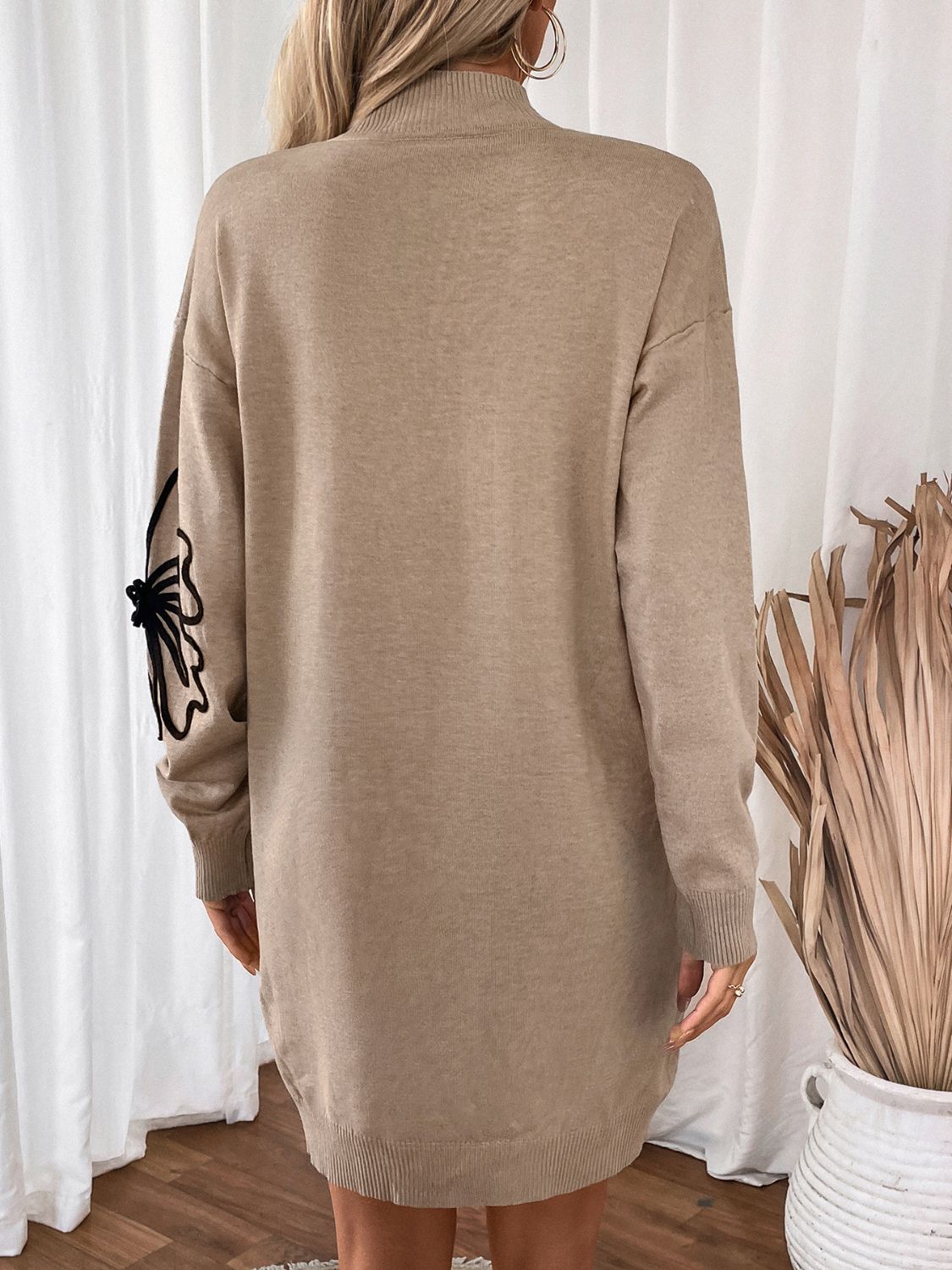 Perfee - Flower Mock Neck Long Sleeve Sweater Dress