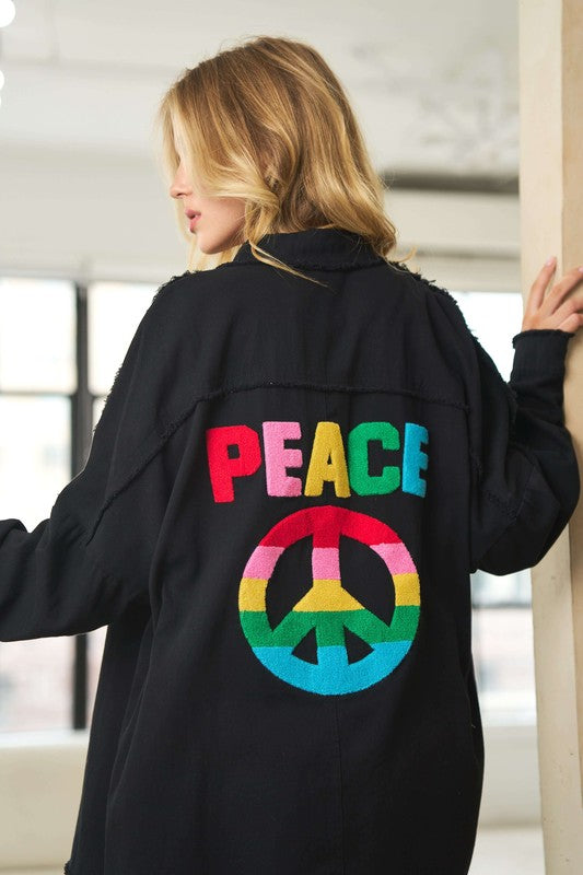 Davi & Dani - Multi Color Lettering Peace Symbol Button Up Shacket