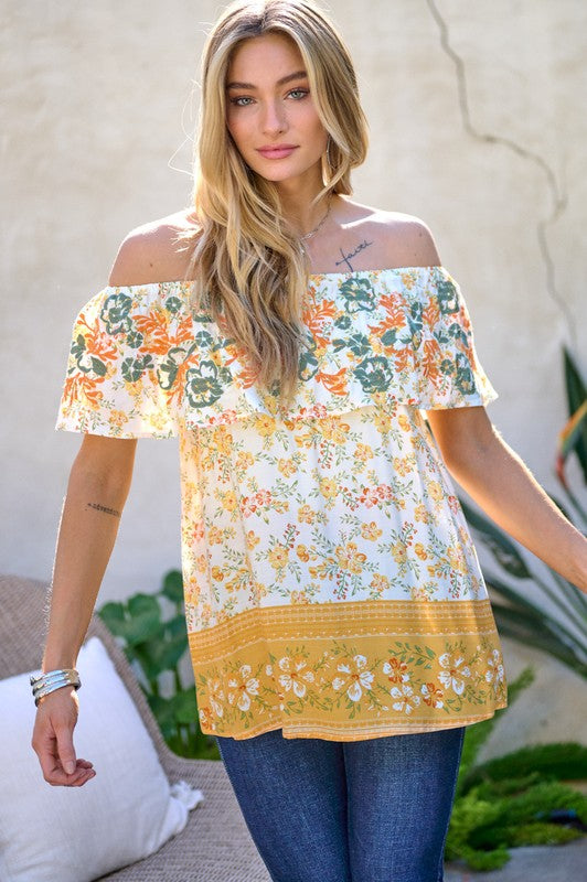 Davi & Dani - Printed Off Shoulder Smocked Top