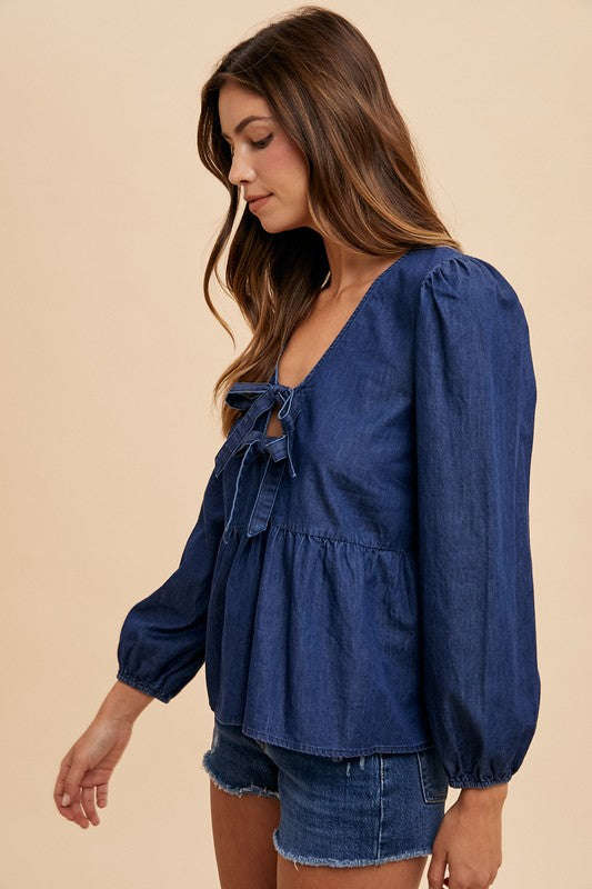 Annie Wear - Tie Front Peplum Long Sleeve Denim Top - Size: S-XL