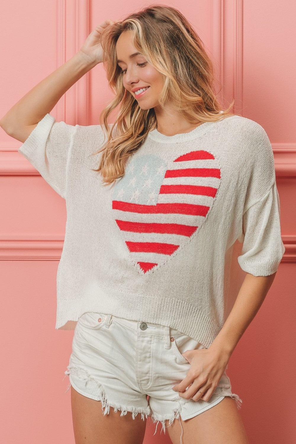 BiBi - Striped Heart Contrast Knit Top