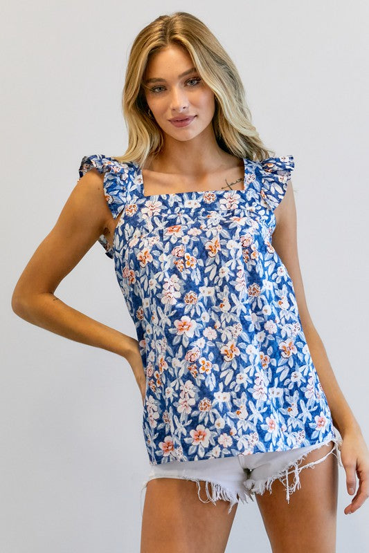 Davi & Dani - Floral Printed Ruffle Sleeveless Top