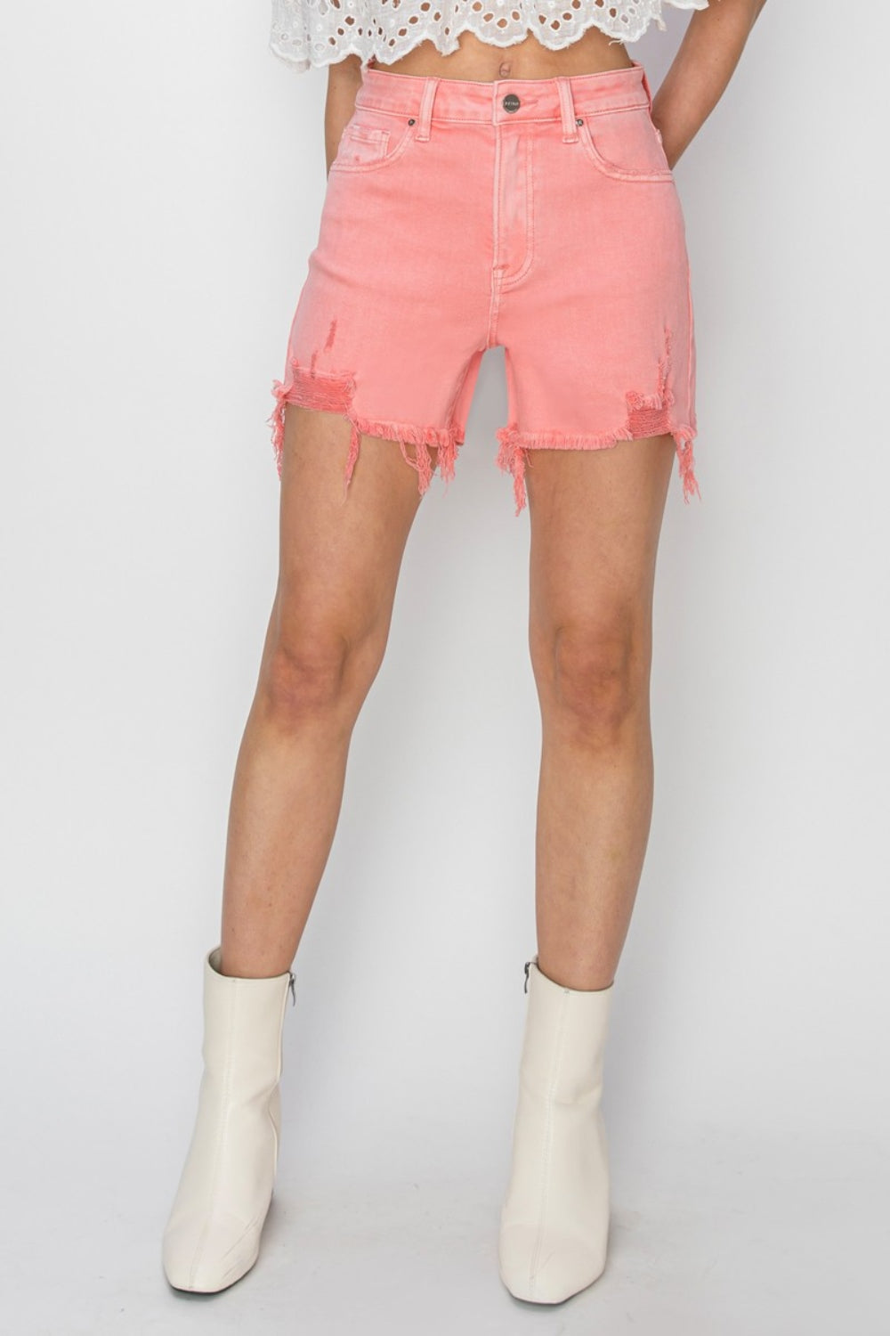 RISEN - High Rise Distressed Denim Shorts