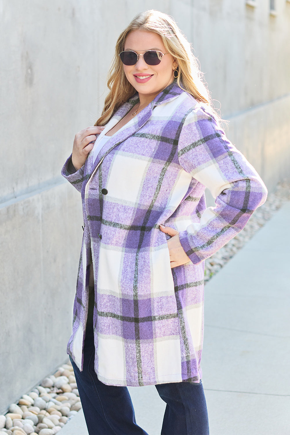 Double Take - Plaid Button Up Lapel Collar Coat - Size: S-3XL