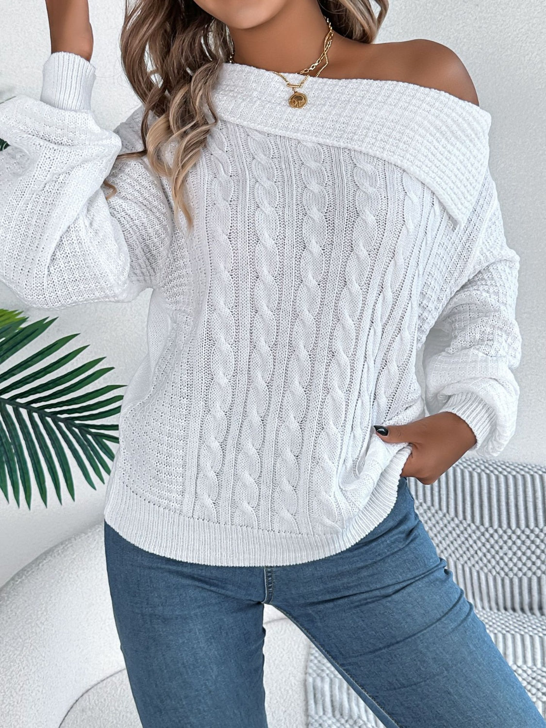 Cable-Knit One Shoulder Long Sleeve Sweater