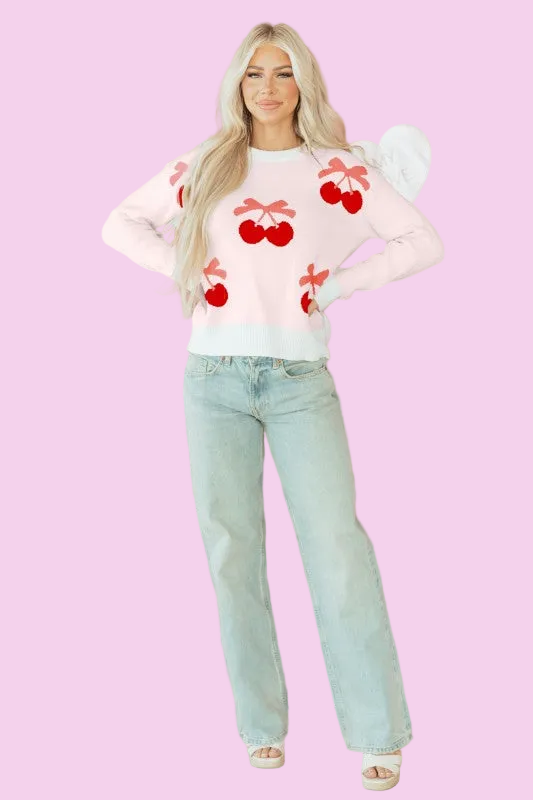 Valentine Bow Tie Cherry Drop Shoulder Sweater - Size: S-XL - Valentine's Day Outfit Ideas