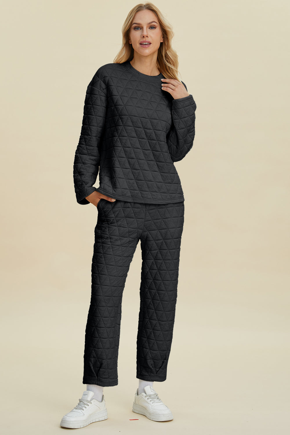 Double Take - Texture Round Neck Long Sleeve Top and Pants Set - Size: S-3XL