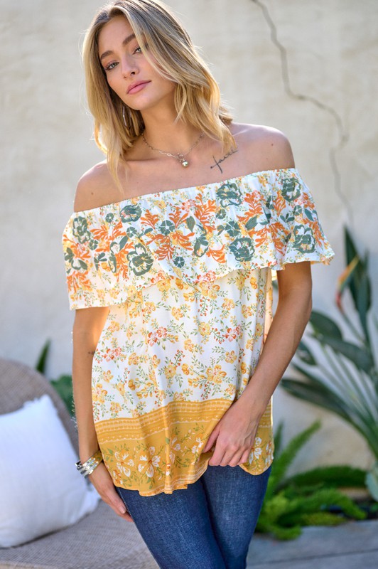 Davi & Dani - Printed Off Shoulder Smocked Top