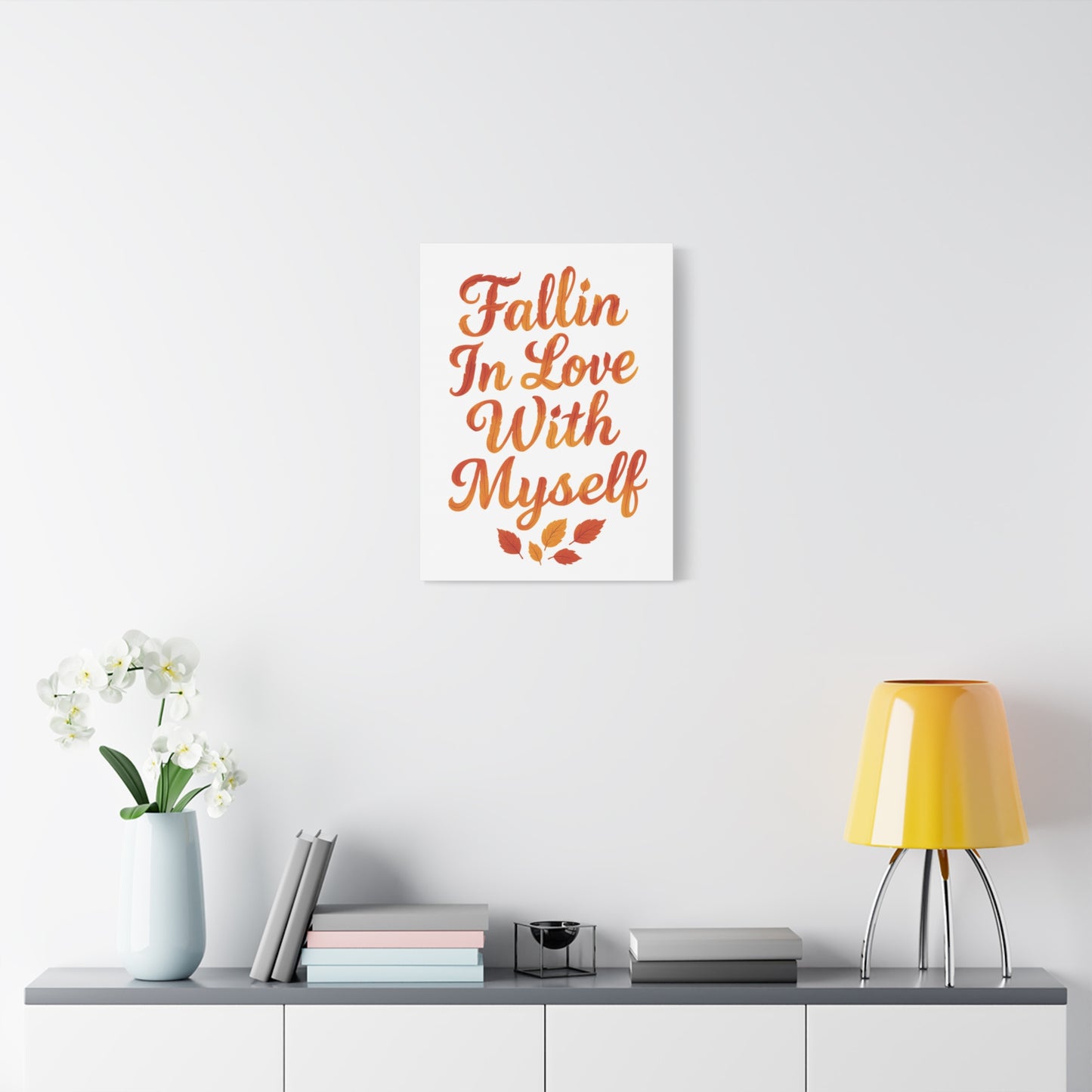 "Fallin In Love With Myself" Autumn Canvas Wall Art – Self-Love Quote with Fall Leaves - Vertical, 8×10" or 18×24"