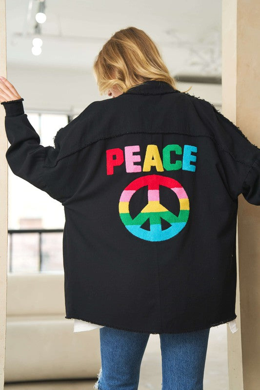 Davi & Dani - Multi Color Lettering Peace Symbol Button Up Shacket