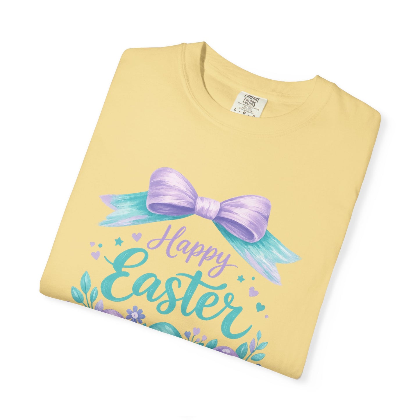Adult Easter T-Shirt - "Happy Easter" Pastel Eggs & Bow Holiday Graphic Tee (Comfort Colors) - Size: S-4XL