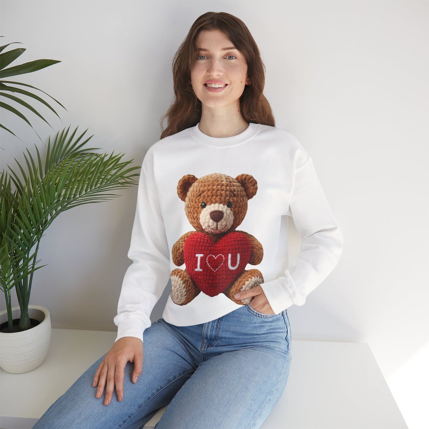Valentine Faux Crochet I ❤️ U Teddy Bear Graphic Crewneck Sweatshirt (Gildan) - Size: S-3XL - Valentine's Day Shirt