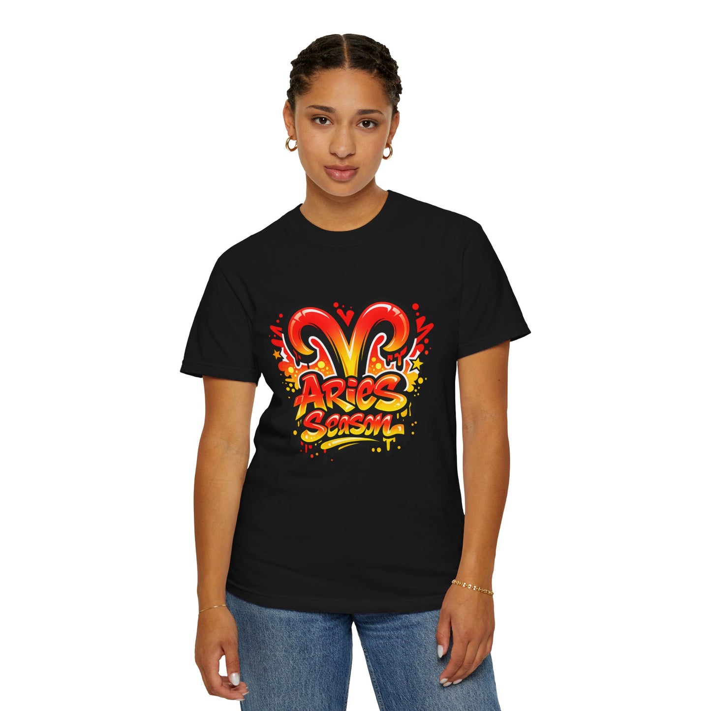 Aries Season Graphic Tee (Comfort Colors)- Bold Zodiac Astrology T-Shirt, Red & Yellow Aries Ram Design, Trendy Horoscope Shirt, Fire Sign Fashion - Size: S-4XL