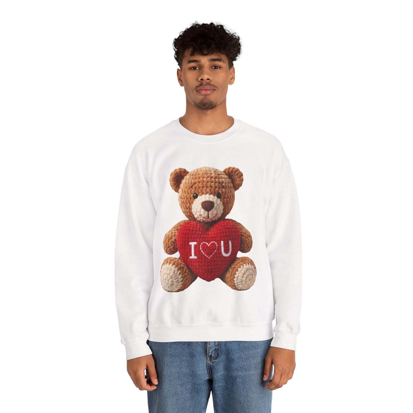 Valentine Faux Crochet I ❤️ U Teddy Bear Graphic Crewneck Sweatshirt (Gildan) - Size: S-3XL - Valentine's Day Shirt