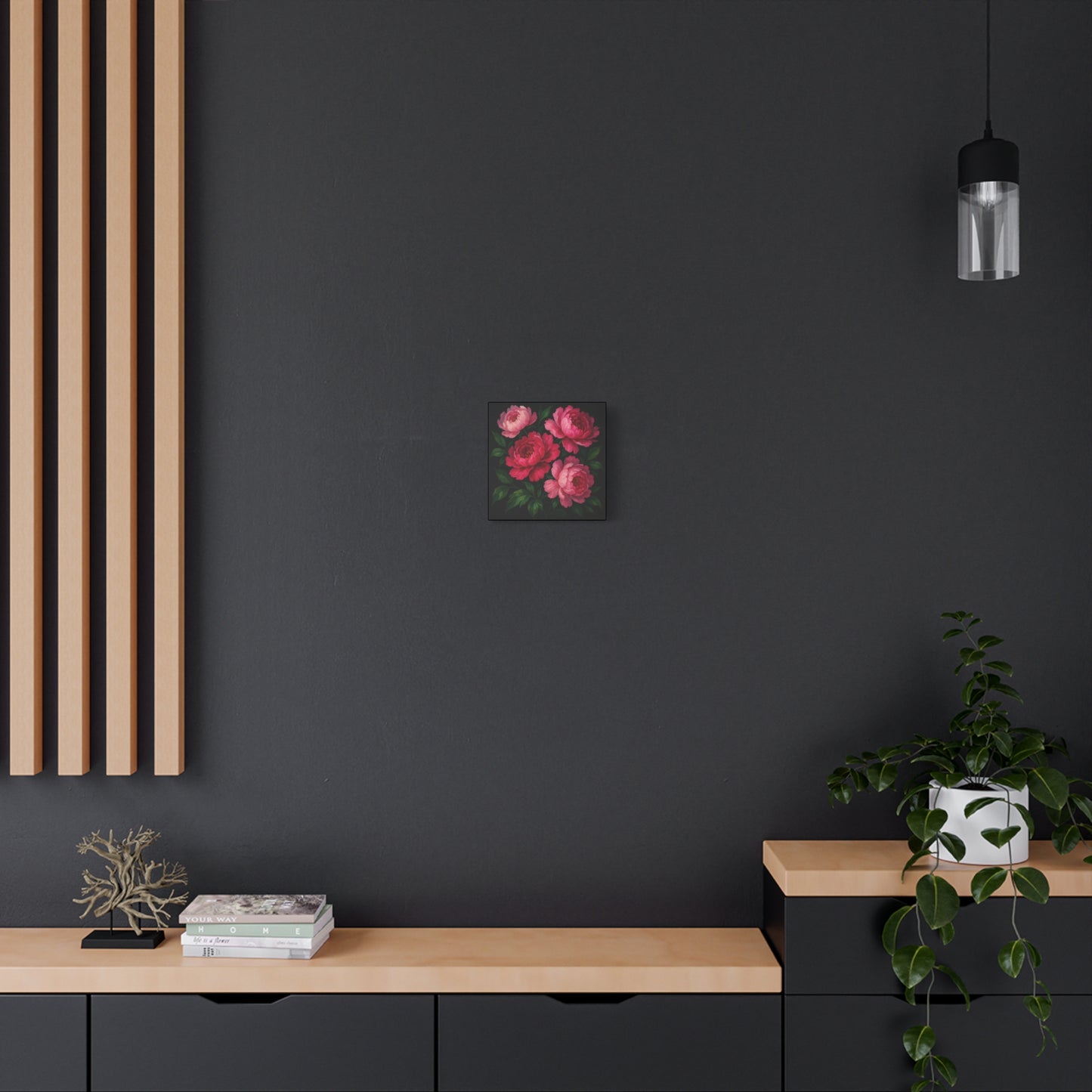 10×10" or 20x20" - Peony Bloom Matte Canvas Wall Art – Bold Pink Floral on Black Background for Modern Home Decor