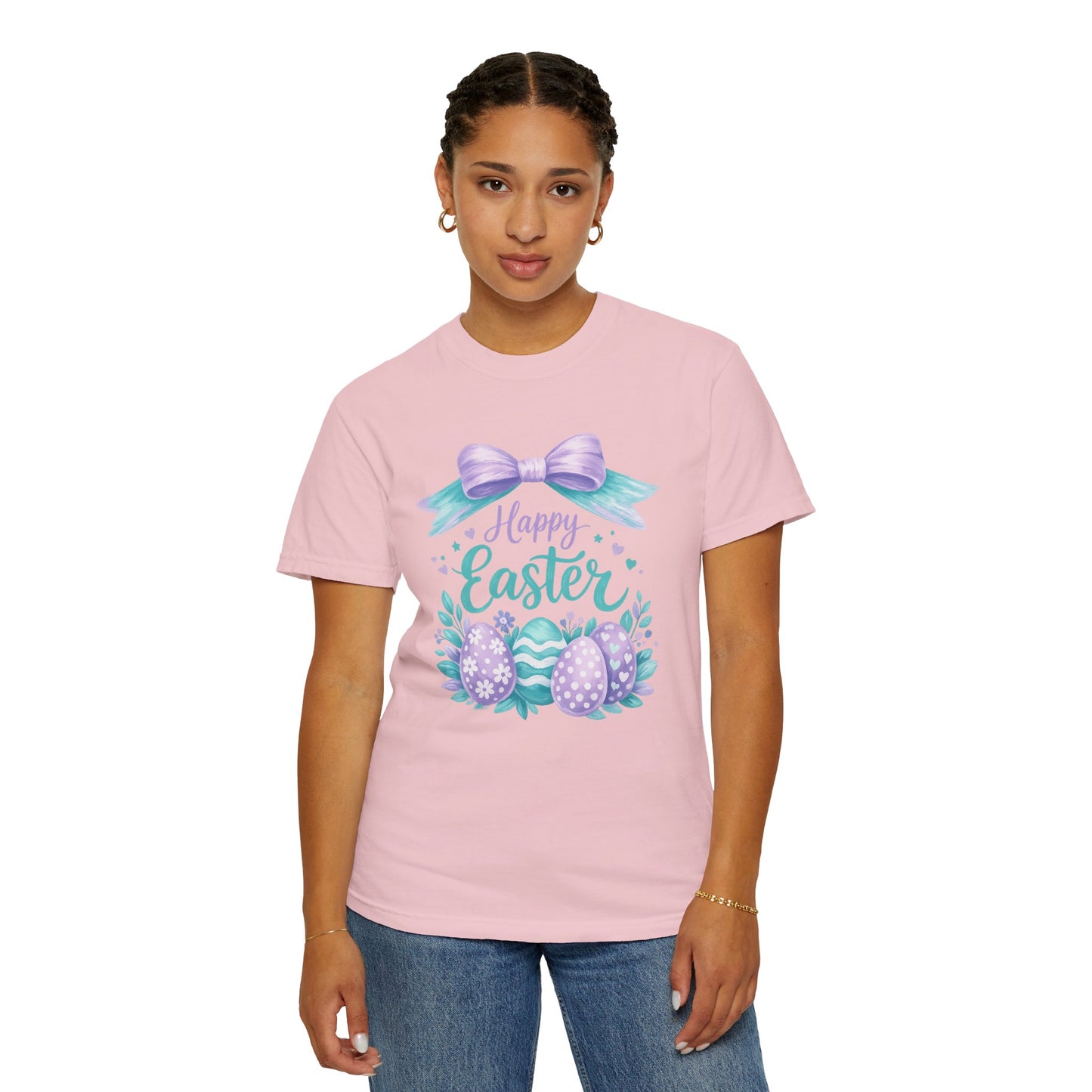 Adult Easter T-Shirt - "Happy Easter" Pastel Eggs & Bow Holiday Graphic Tee (Comfort Colors) - Size: S-4XL