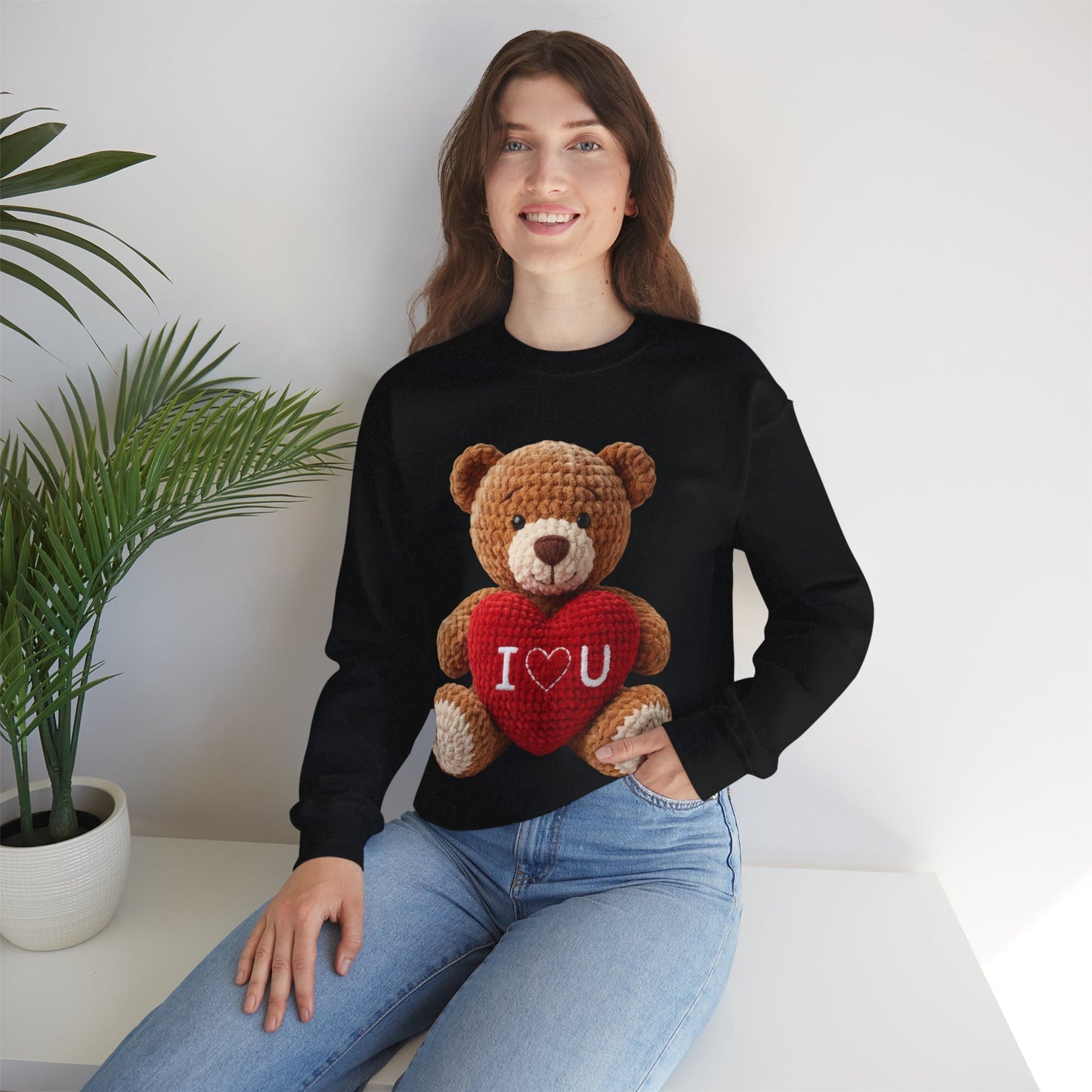 Valentine Faux Crochet I ❤️ U Teddy Bear Graphic Crewneck Sweatshirt (Gildan) - Size: S-3XL - Valentine's Day Shirt
