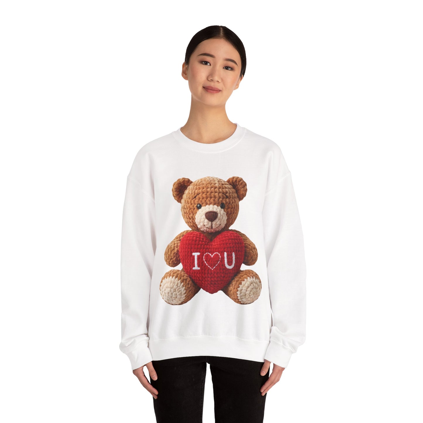 Valentine Faux Crochet I ❤️ U Teddy Bear Graphic Crewneck Sweatshirt (Gildan) - Size: S-3XL - Valentine's Day Shirt