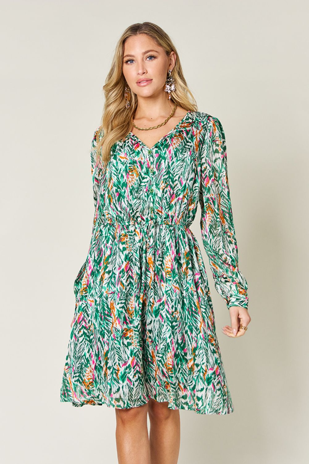 Double Take - Printed Drawstring Waist Long Sleeve Dress - S-3XL