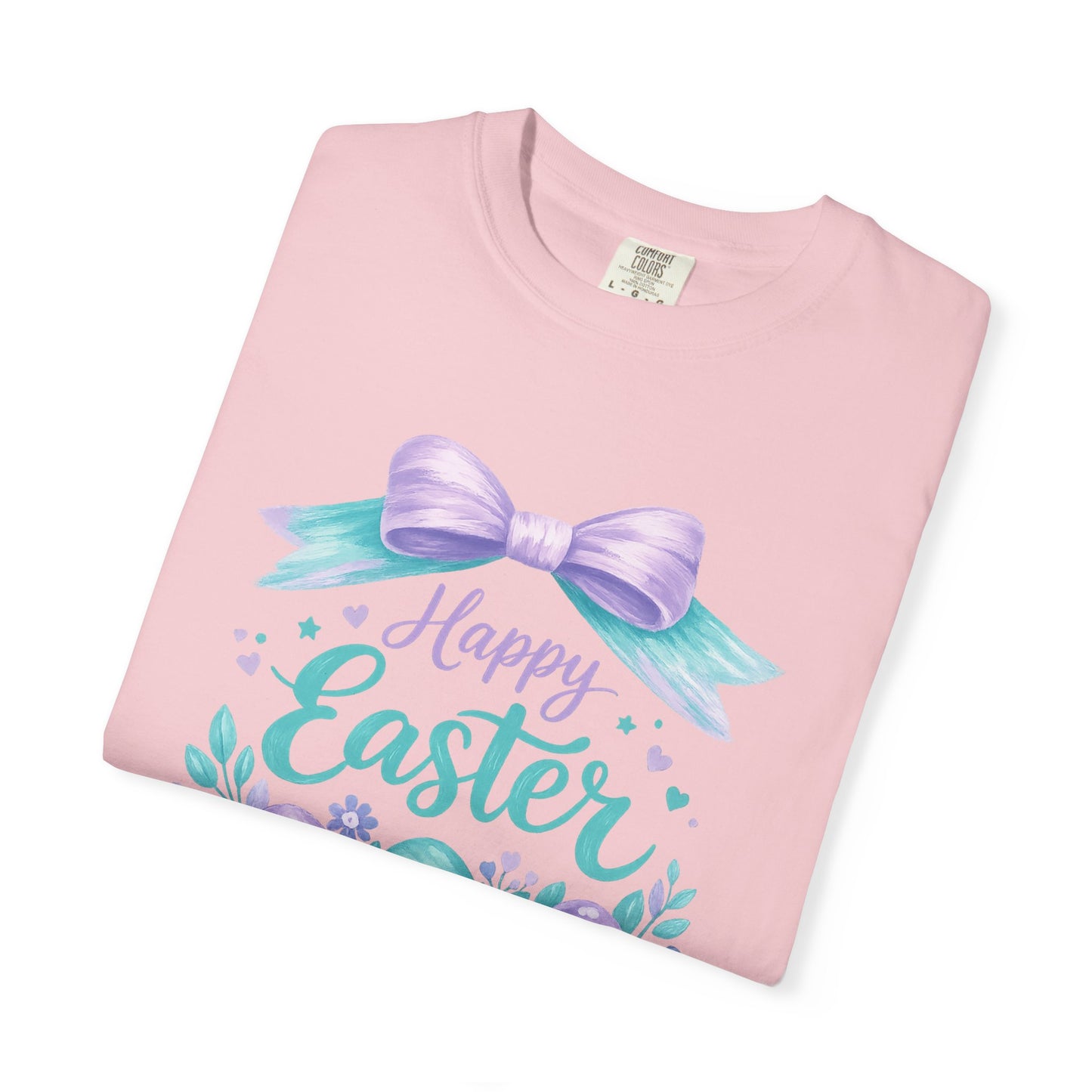 Adult Easter T-Shirt - "Happy Easter" Pastel Eggs & Bow Holiday Graphic Tee (Comfort Colors) - Size: S-4XL