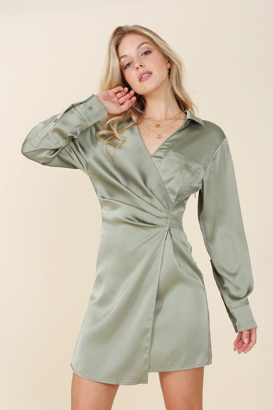 Satin Collared Wrap Mini Dress