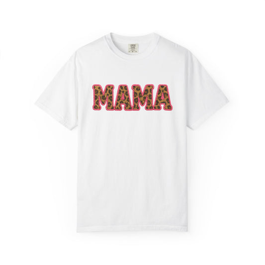 Mama & Mini - "MAMA" Adult T-shirt (Comfort Colors) - Faux Embroidery Pink Leopard DTG Graphic Tee - Size: S-4XL