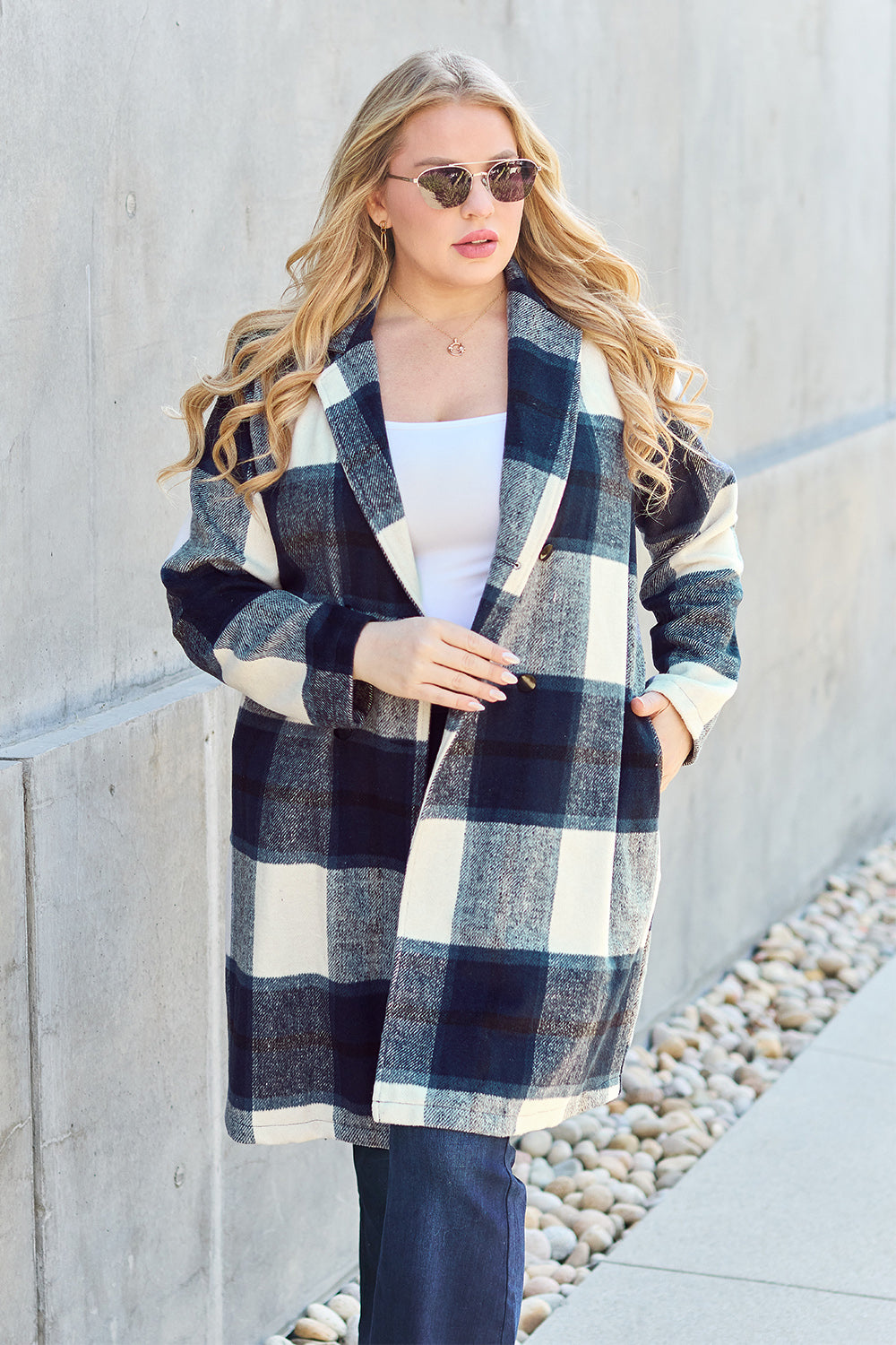 Double Take - Plaid Button Up Lapel Collar Coat - Size: S-3XL