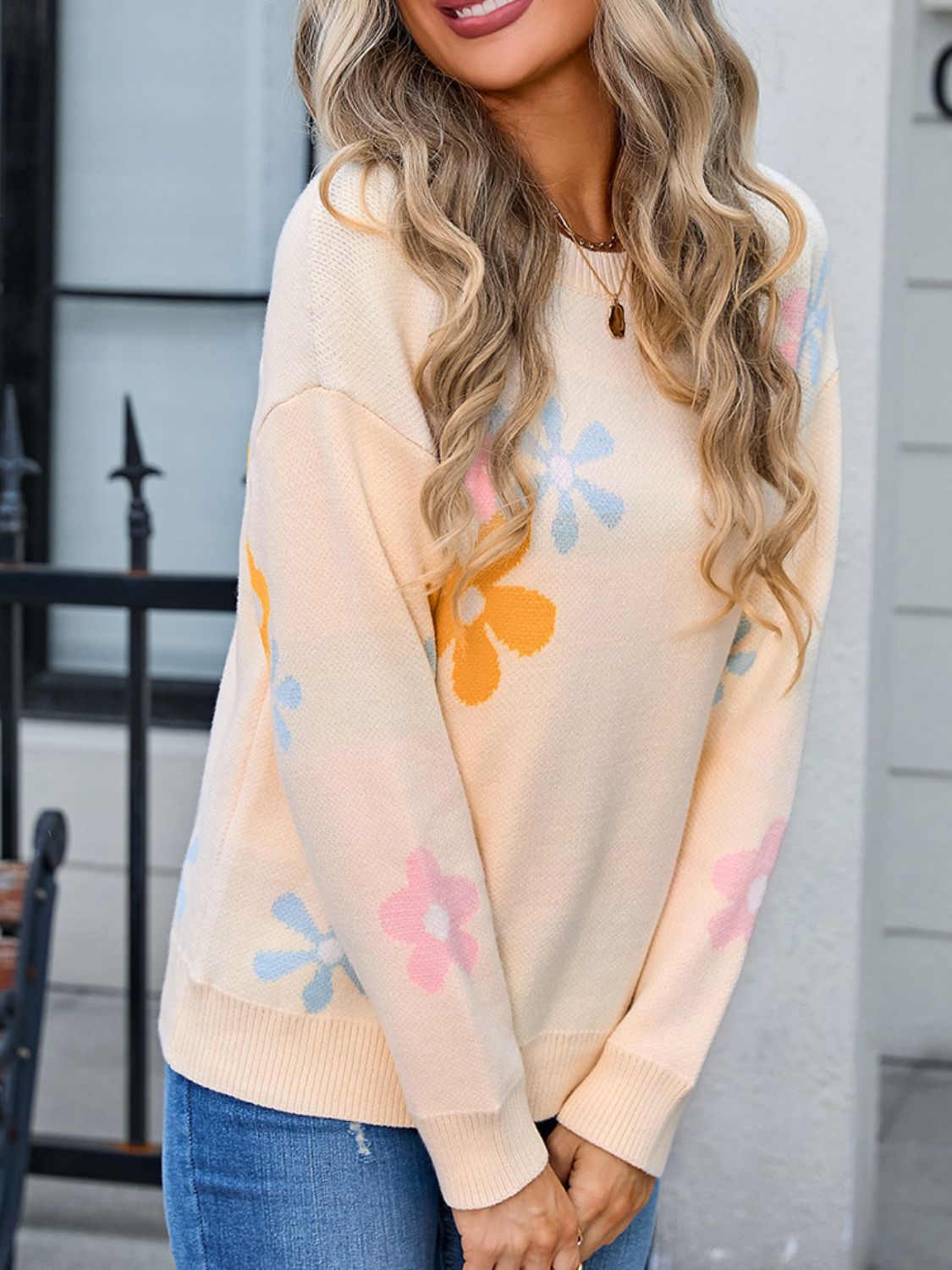 Angel Wings - Flower Round Neck Dropped Shoulder Sweater - Size: S-XL