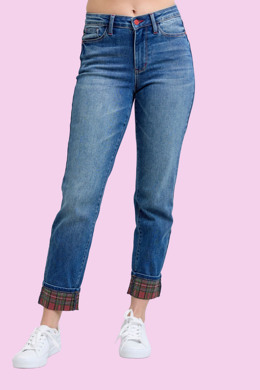 Judy Blue - Plaid Print Cuff Straight Leg Jeans with Pockets - Size: 0-24W