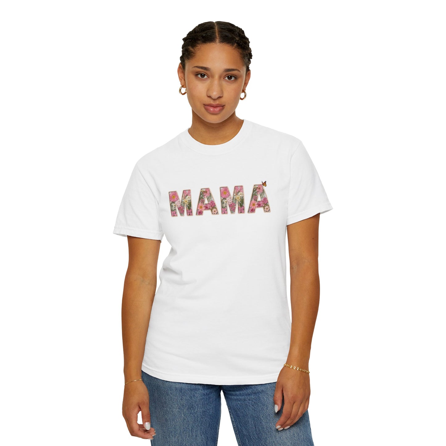 Spring Floral "MAMA" Graphic Tee (Comfort Colors) - Size: S-4XL - Cute Matching Mommy & Me Shirt, Pink Flower Lettering Mom Top, Gift for Moms