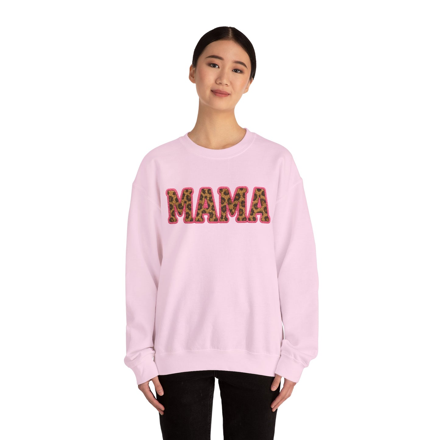 Mama & Mini "Mama" Faux Embroidery Pink Leopard Print DTG Graphic Crewneck Sweatshirt - Size: S-5XL