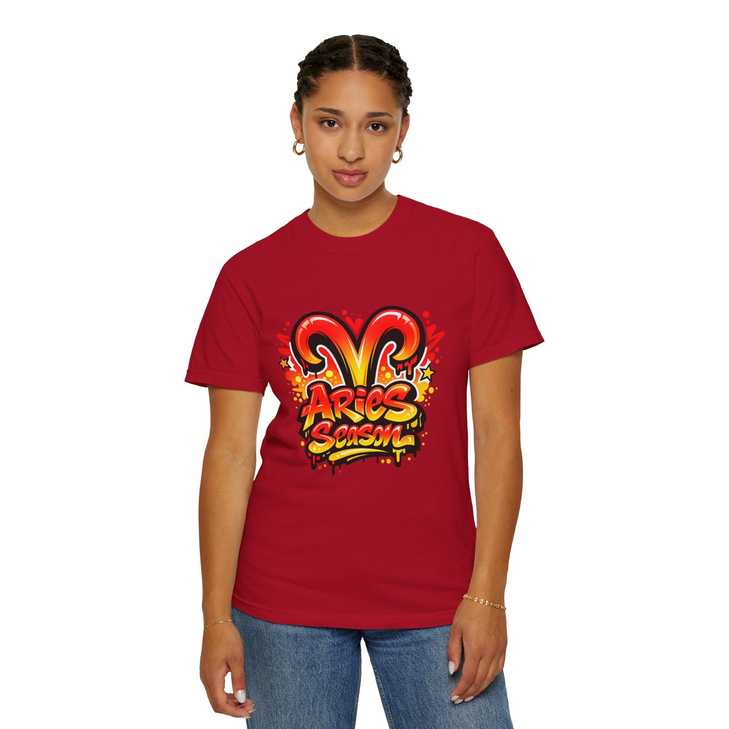 Aries Season Graphic Tee (Comfort Colors)- Bold Zodiac Astrology T-Shirt, Red & Yellow Aries Ram Design, Trendy Horoscope Shirt, Fire Sign Fashion - Size: S-4XL